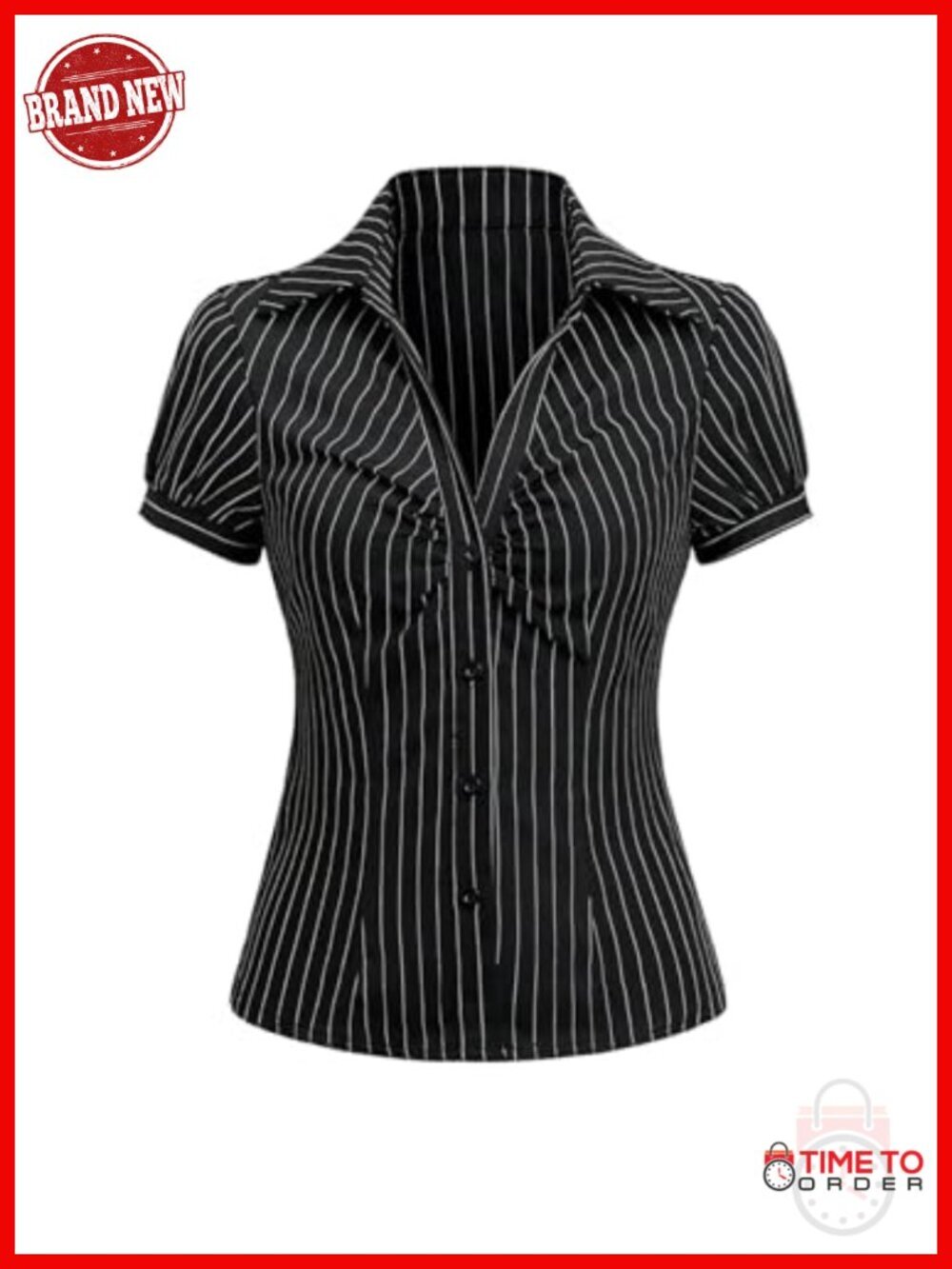 Striped Button Down Blouse Ruched Short Sleeve Fitted Work Top